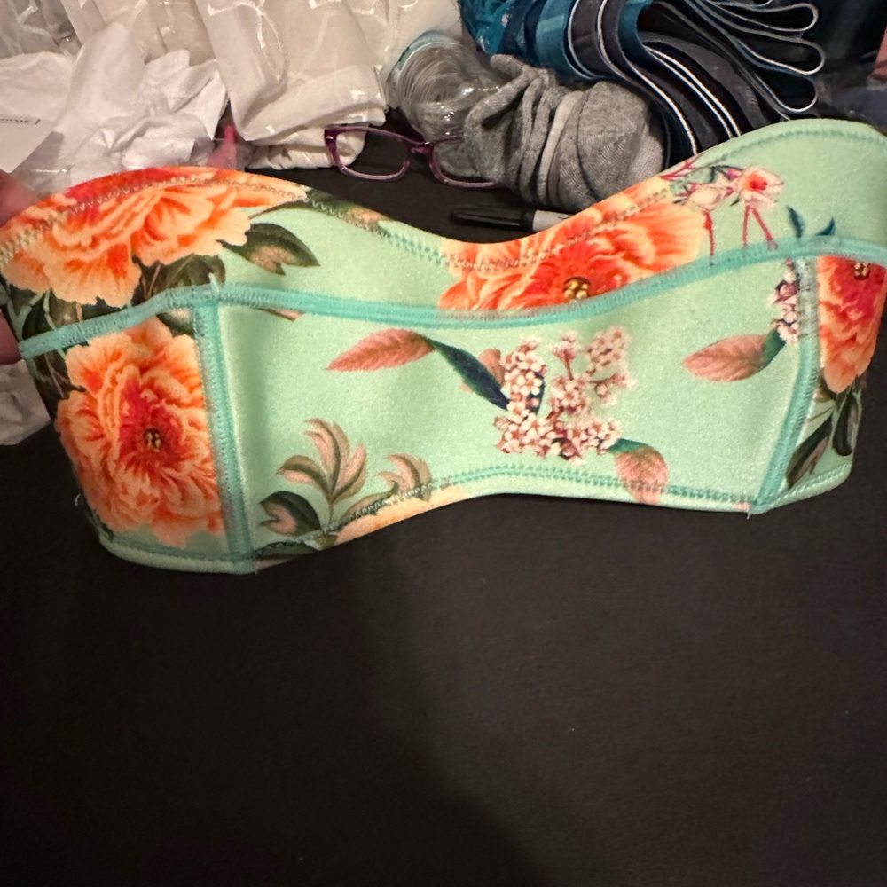 Triangle Floral Strapless Swimsuit Top - Mint Green with Peach and White Floral